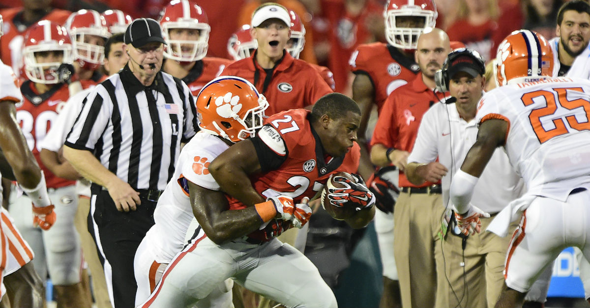 Georgia Bulldogs running back Nick Chubb (27) celebrates his