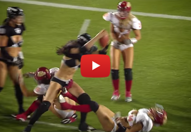 LFL quarterback is a pure beast, hits like a truck and bowls over two defenders into the endzone