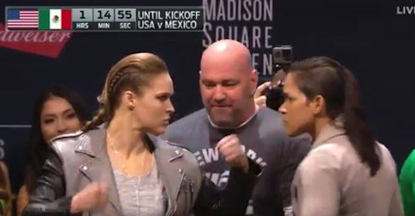 Ronda Rousey showed up at UFC 205 weigh-ins just long enough to stare down Amanda Nunes before bolting off