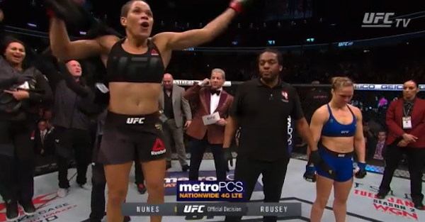 Watch Amanda Nunes celebrate her TKO victory next to a devastated Ronda Rousey