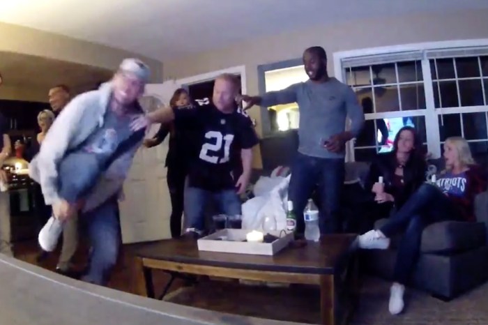 A pumped up Patriots fan broke his leg celebrating a TD and stunned his friends into awkward silence