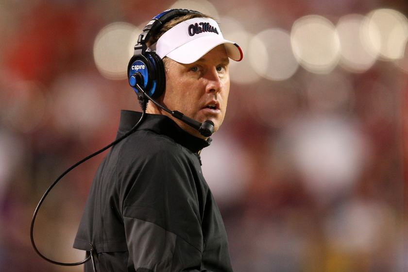 Head coach Hugh Freeze of the Mississippi Rebels reacts to a call during the game against the LSU Tigers at Tiger Stadium