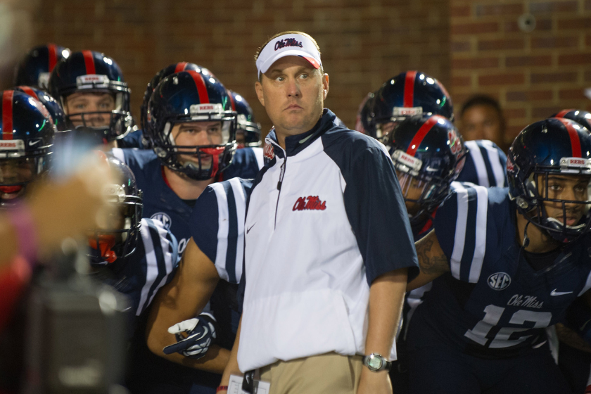 ead coach Hugh Freeze of the Ole Miss Rebels waits to lead his team out on to the field before their game against the Texas A&M Aggies