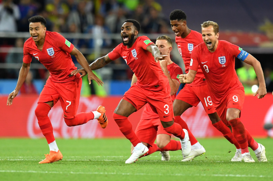 England celebrate after Eric Dier of England scores the winning penalty during the 2018 FIFA World Cup Russia Round of 16 match between Colombia and England