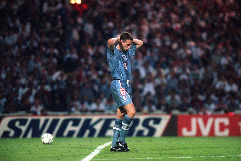 Gareth Southgate dejected after failing to score in the penalty shoot out which ended England's chances in the Euro '96 semi-final match against Germany at Wembley