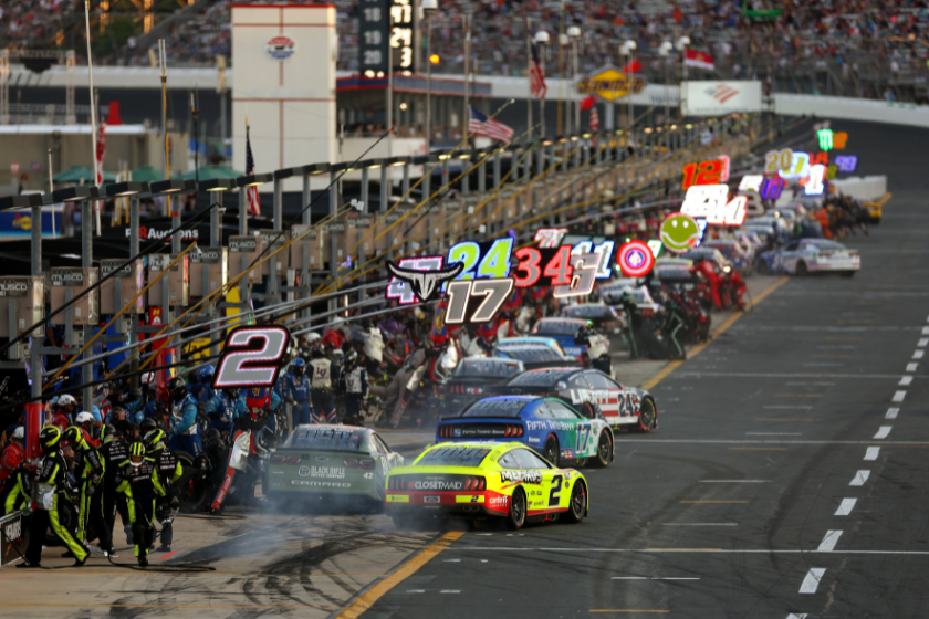 A general view of pit road during the NASCAR Cup Series Coca-Cola 600 at Charlotte Motor Speedway on May 29, 2022