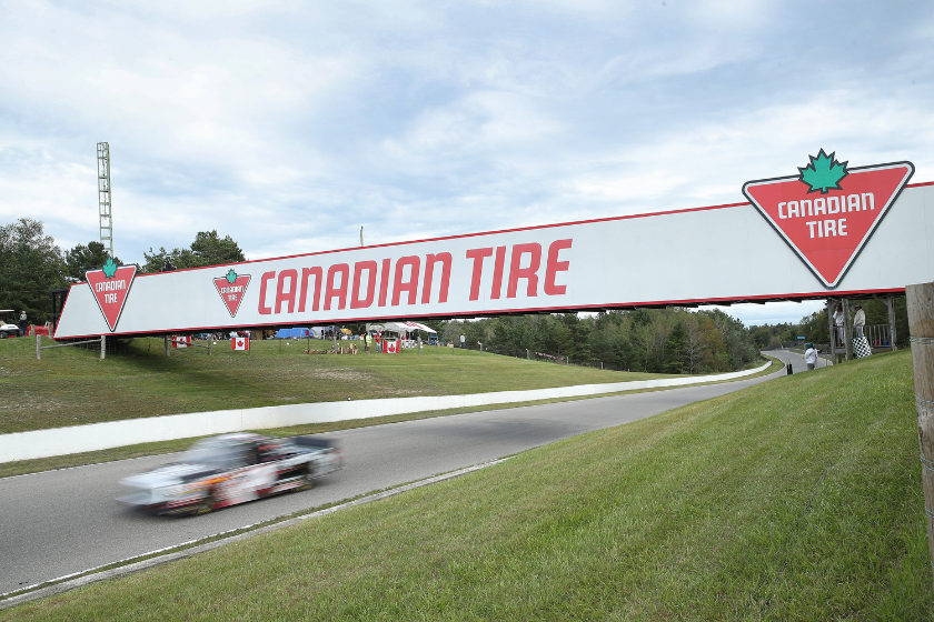 A view of trucks racing at the Canadian Tire Bridge during qualifying at Canadian Tire Motorsport Park on September 2, 2017