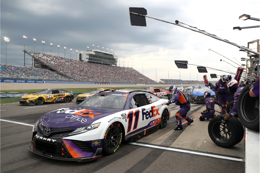 Denny Hamlin exits pit road during the NASCAR Cup Series Ally 400 at Nashville Superspeedway on June 26, 2022