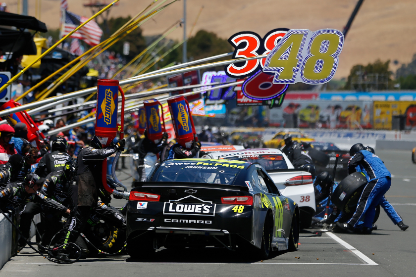 Jimmie Johnson pits during the Monster Energy NASCAR Cup Series ToyotaSave Mart 350 at Sonoma Raceway on June 24, 2018