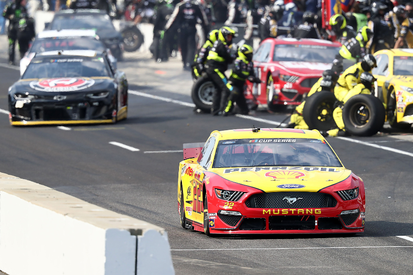 Joey Logano drives down pit road during the NASCAR Cup Series Big Machine Hand Sanitizer 400 Powered by Big Machine Records at Indianapolis Motor Speedway on July 05, 2020