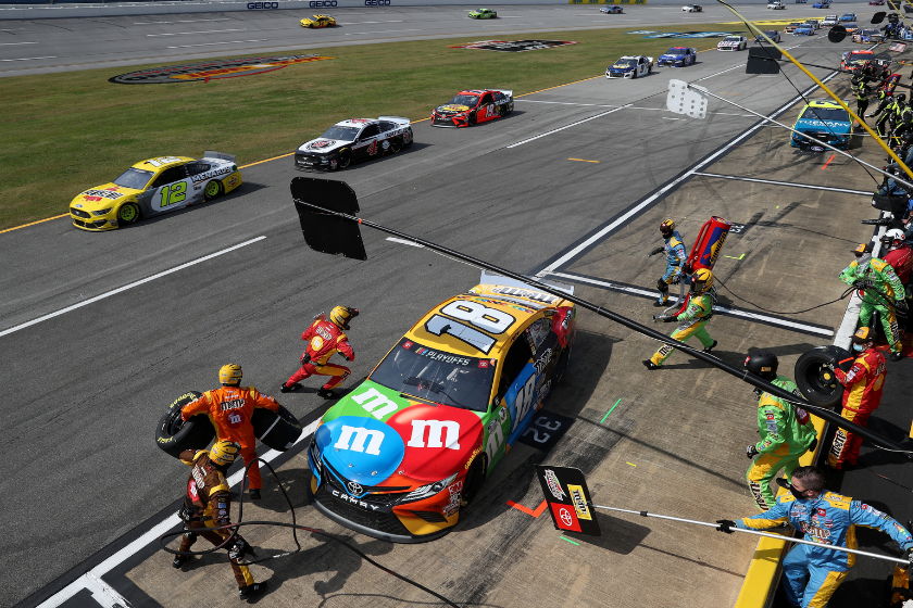 Kyle Busch pits during the NASCAR Cup Series YellaWood 500 at Talladega Superspeedway on October 04, 2020