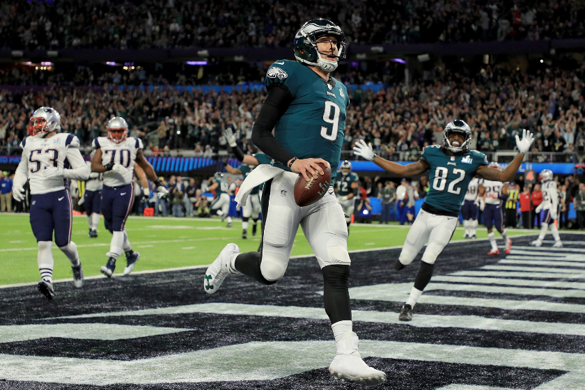 Nick Foles #9 of the Philadelphia Eagles reacts after a 1-yard touchdown reception against the New England Patriots during the second quarter in Super Bowl LII 