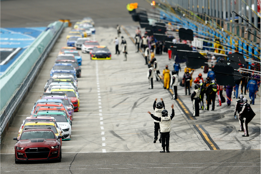 The pace car leads the field off pit road prior to the NASCAR Cup Series Dixie Vodka 400 at Homestead-Miami Speedway on June 14, 2020
