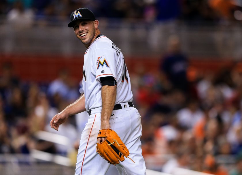 Jose Fernandez walks of the field during the third inning of the game against the Kansas City Royals at Marlins Park on August 24, 2016.