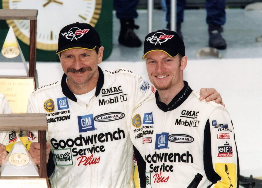 Dale Earnhardt Sr. & Dale Earnhard, Jr. pose together at the raceway in Daytona Beach, Florinda on February 4, 2001.