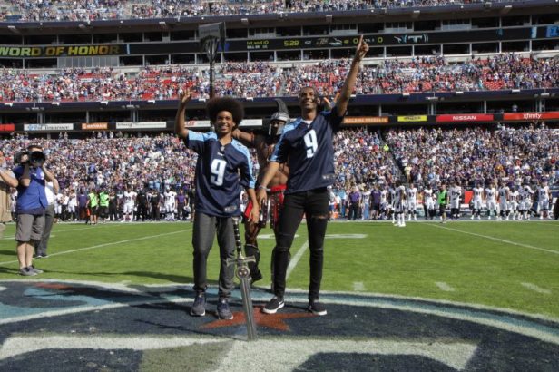 The sons of late Tennessee Titans quarterback Steve McNair, Trenton and Tyler, served as honorary 12th Titans before the game against the Baltimore Ravens on November 05, 2017.