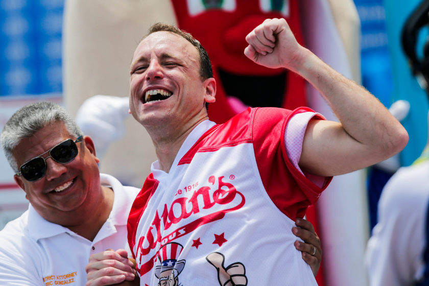 Josy Chestnut celebrates winning the Coney Island hot Dog Eating Contest