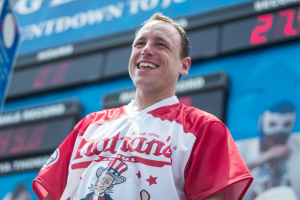 Joey Chestnut at the 2018 Nathan's Hot Dog Eating Contest at Coney Island