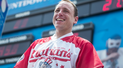 Joey Chestnut at the 2018 Nathan's Hot Dog Eating Contest at Coney Island