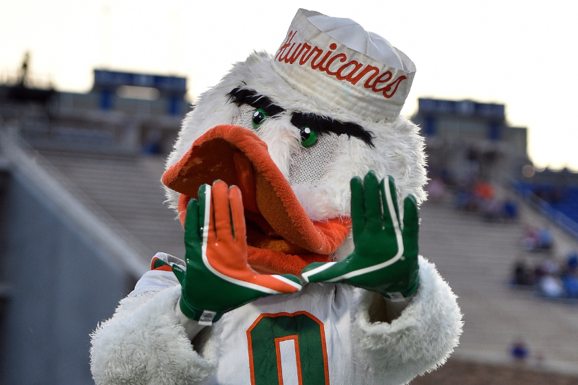 Sebastian the Ibis, the mascot of the Miami Hurricanes, performs during their game against the Duke Blue Devils at Wallace Wade Stadium 