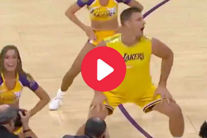 Gronk Shakes His Booty With Laker Girls During Halftime Show