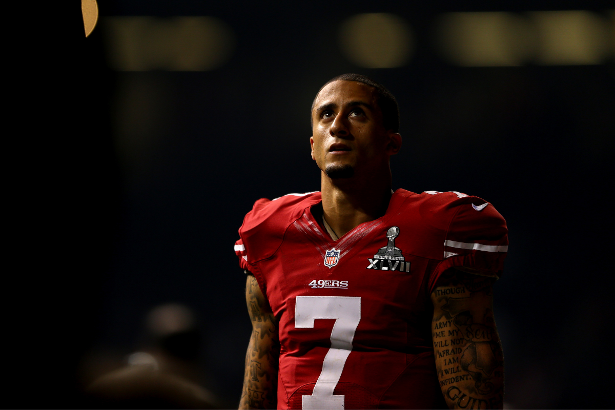 Colin Kaepernick looks up during a power outage that occurred in the third quarter that caused a 34-minute delay during Super Bowl XLVII.