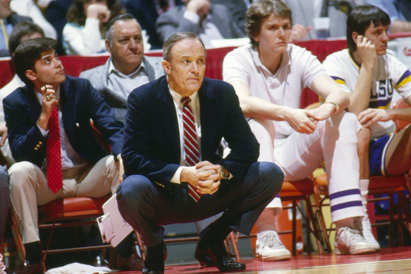 LSU coach Dale Brown strategizes during a matchup with Georgia Tech in 1986.