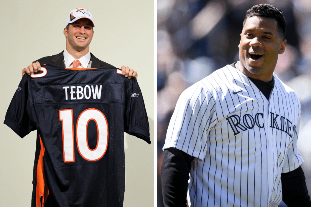 Tim Tebow after being drafted by the Denver Broncos, Russell Wilson throwing out the first pitch for the Colorado Rockies