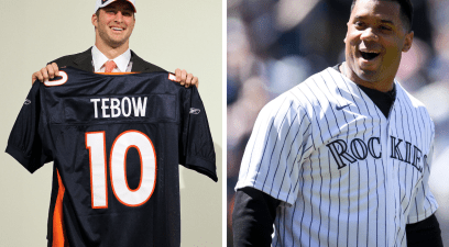 Tim Tebow after being drafted by the Denver Broncos, Russell Wilson throwing out the first pitch for the Colorado Rockies