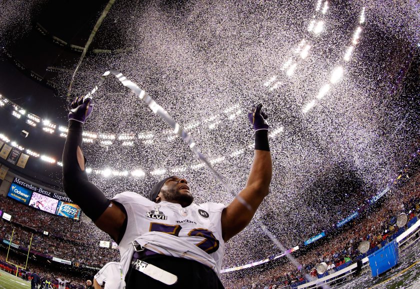 Ray Lewis celebrates after defeating the San Francisco 49ers during Super Bowl XLVII at the Mercedes-Benz Superdome on February 3, 2013.