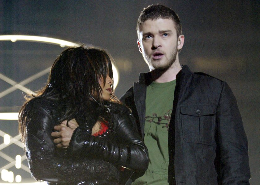 Singers Janet Jackson and surprise guest Justin Timberlake perform during the halftime show at Super Bowl XXXVIII .
