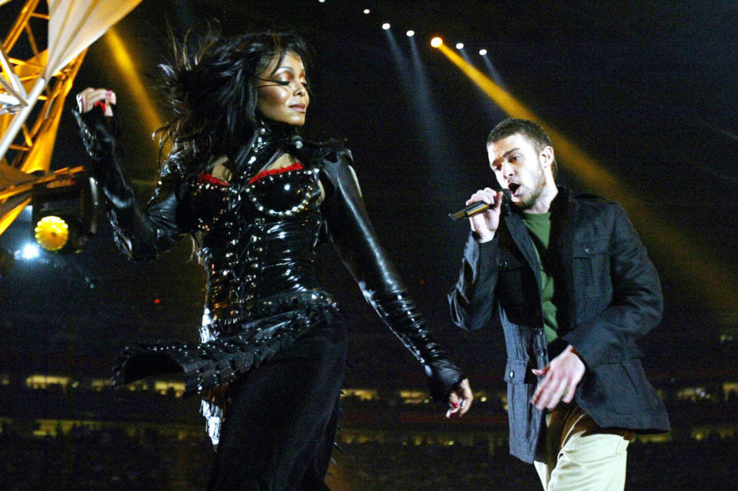 Janet Jackson and Justin Timberlake perform at half-time at Super Bowl XXXVIII.