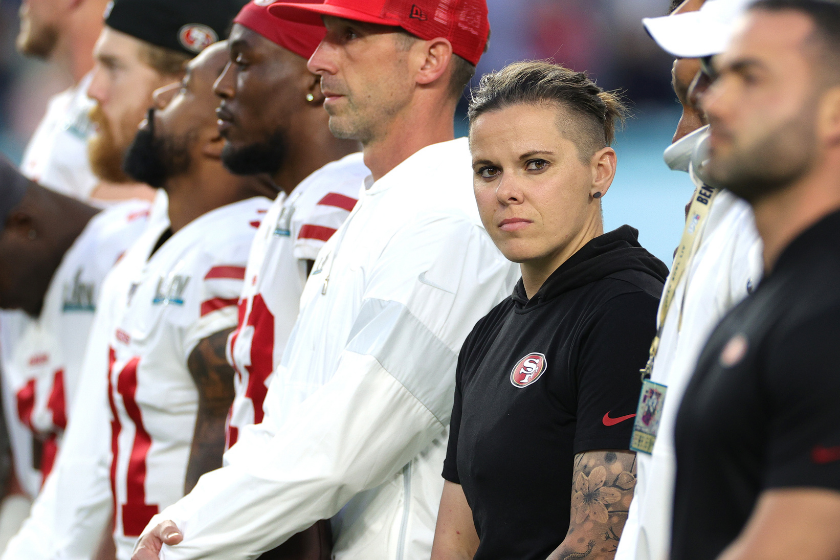 Katie Sowers stands during the National Anthem before Super Bowl LIV