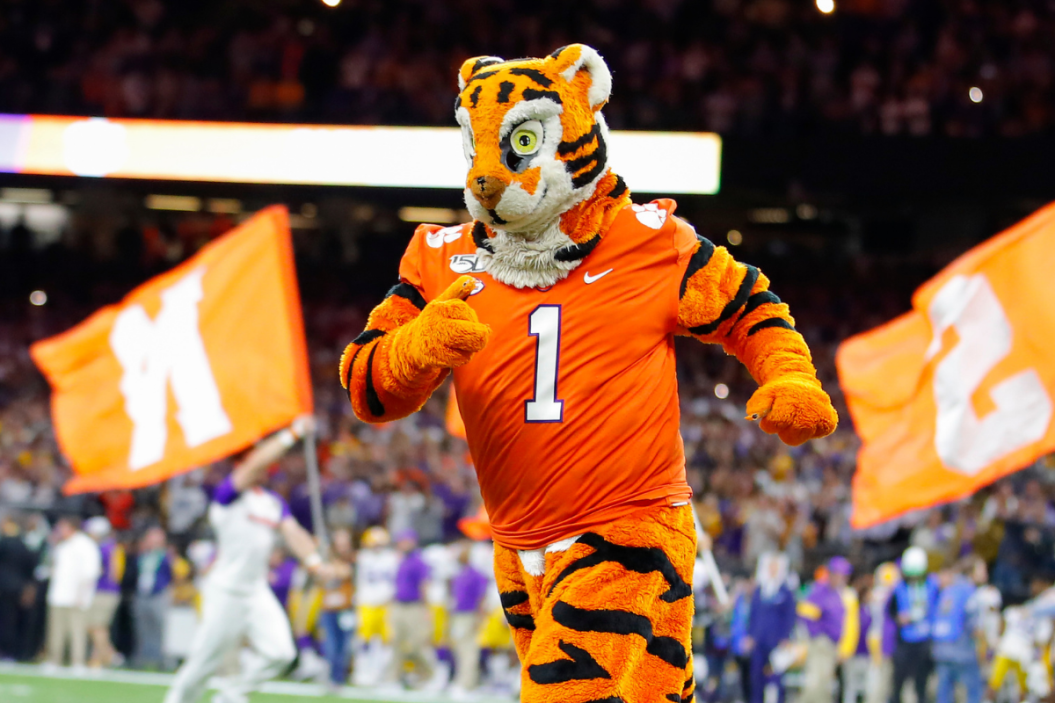 Clemson Tigers mascot The Tiger runs onto the field prior to the College Football Playoff National Championship Game in 2020