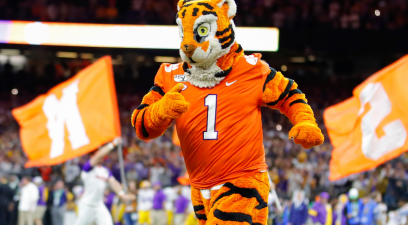 Clemson Tigers mascot The Tiger runs onto the field prior to the College Football Playoff National Championship Game in 2020