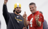 Aaron Rodgers and Brett Favre smile together with the Packers.