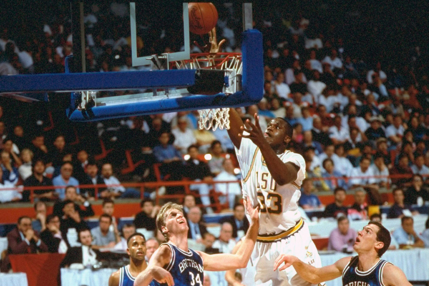 LSU center Shaquille O'Neal goes up for a rebound against BYU.