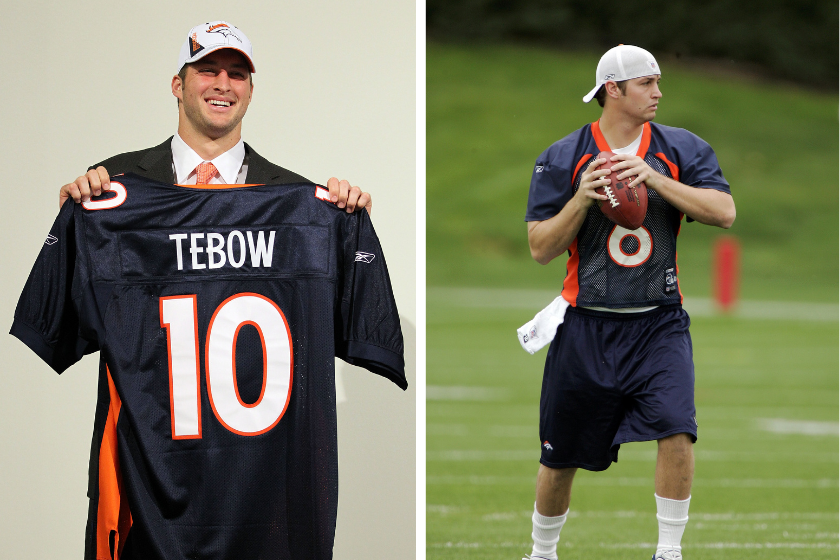 Tim Tebow and Jay Cutler as members of the Denver Broncos