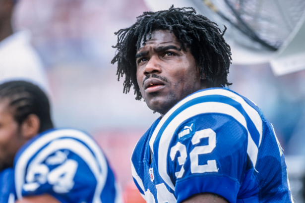 Edgerrin James looks on during a 1999 NFL game.