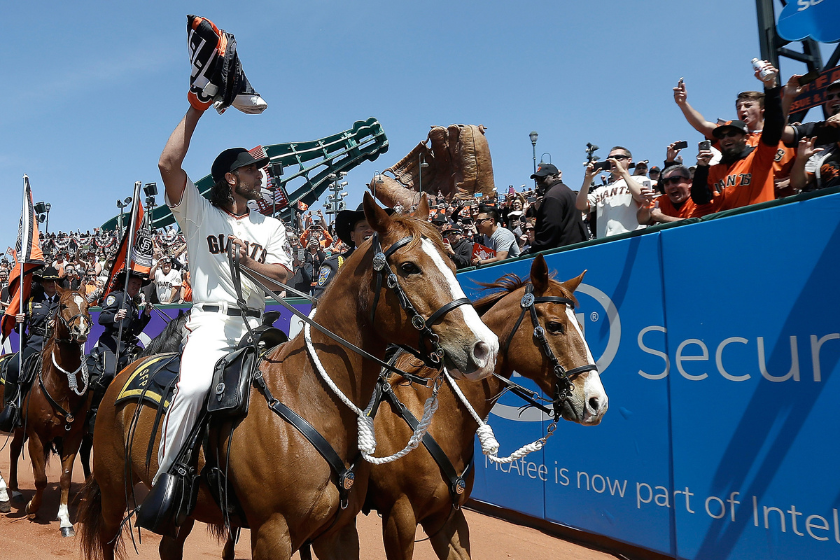 Madison Bumagrner ridesa horse on Opening Day of the 2015 MLB Season. 