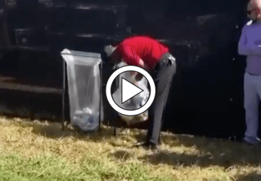 Tiger Woods Digs Horrible Tee Shot Out of Trash Can