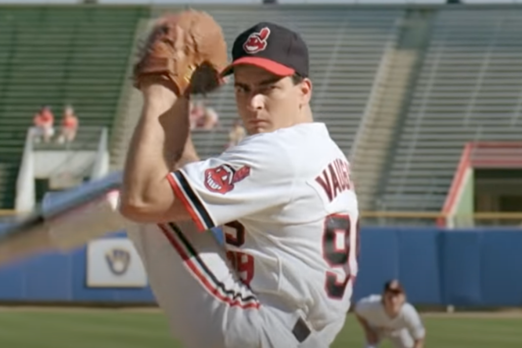 Rick Vaughn mid-pitching windup during a scene from Major League