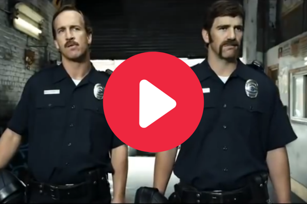 Peyton Manning and Eli Manning as football cops in a commercial.