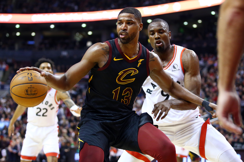 Serga Ibaka guards Tristan Thompson in a game between the Toronto Raptors and Cleveland Cavaliers