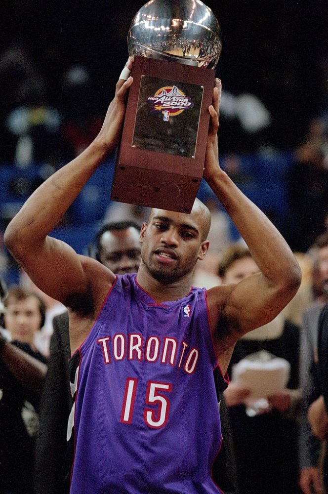 Toronto Raptors star Vince Carter celebrates winning the 2000 Slam Dunk Contest.