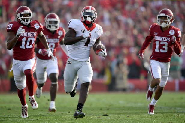 Georgia running back Sony Michel scores a 75-yard touchdown against Oklahoma in the 2018 Rose Bowl.