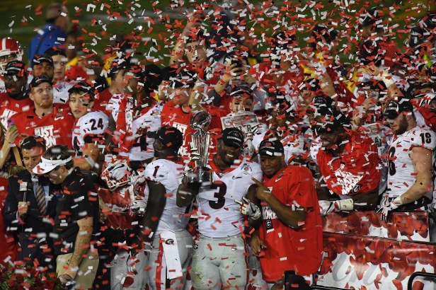 The Georgia Bulldogs celebrate after defeating Oklahoma in the 2018 Rose Bowl.