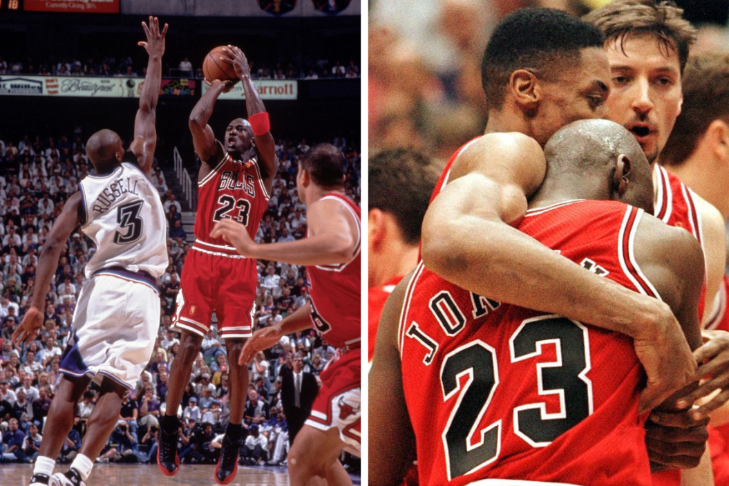 Michael Jordan clings to Scottie Pippen after hitting a three to put Chicago up for good in Game 5 of the 1997 NBA Finals