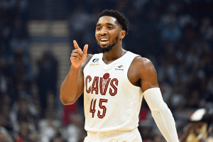 Donovan Mitchell #45 of the Cleveland Cavaliers reacts during the second quarter against the Washington Wizards at Rocket Mortgage Fieldhouse