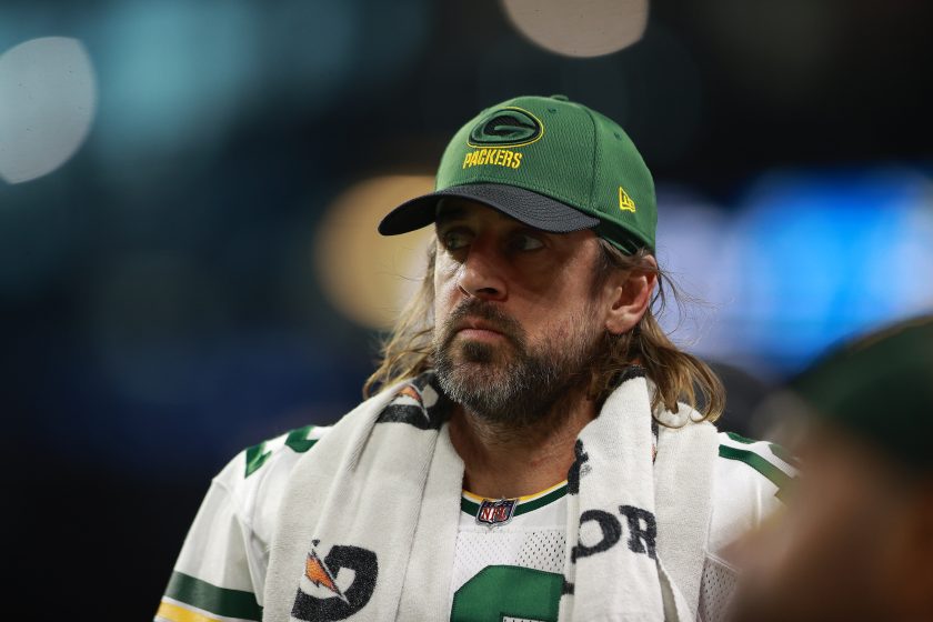 Aaron Rodgers looks on after a game agains the Lions in 2022.